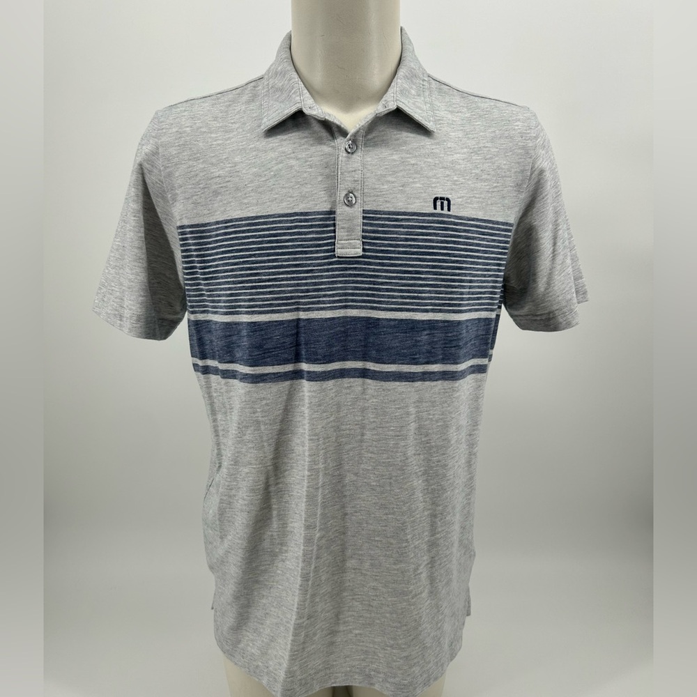 Men’s Travis Mathew Gray Blue Polo Shirt Striped Pima Cotton Size Large EUC